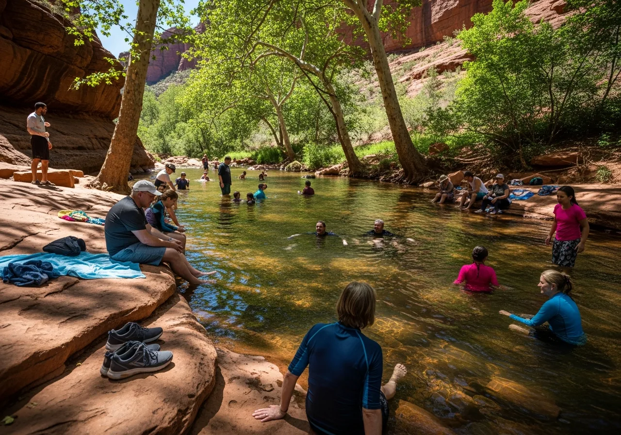 Swimmers cooling off in Oak Creek where clear water runs over smooth red sandstone