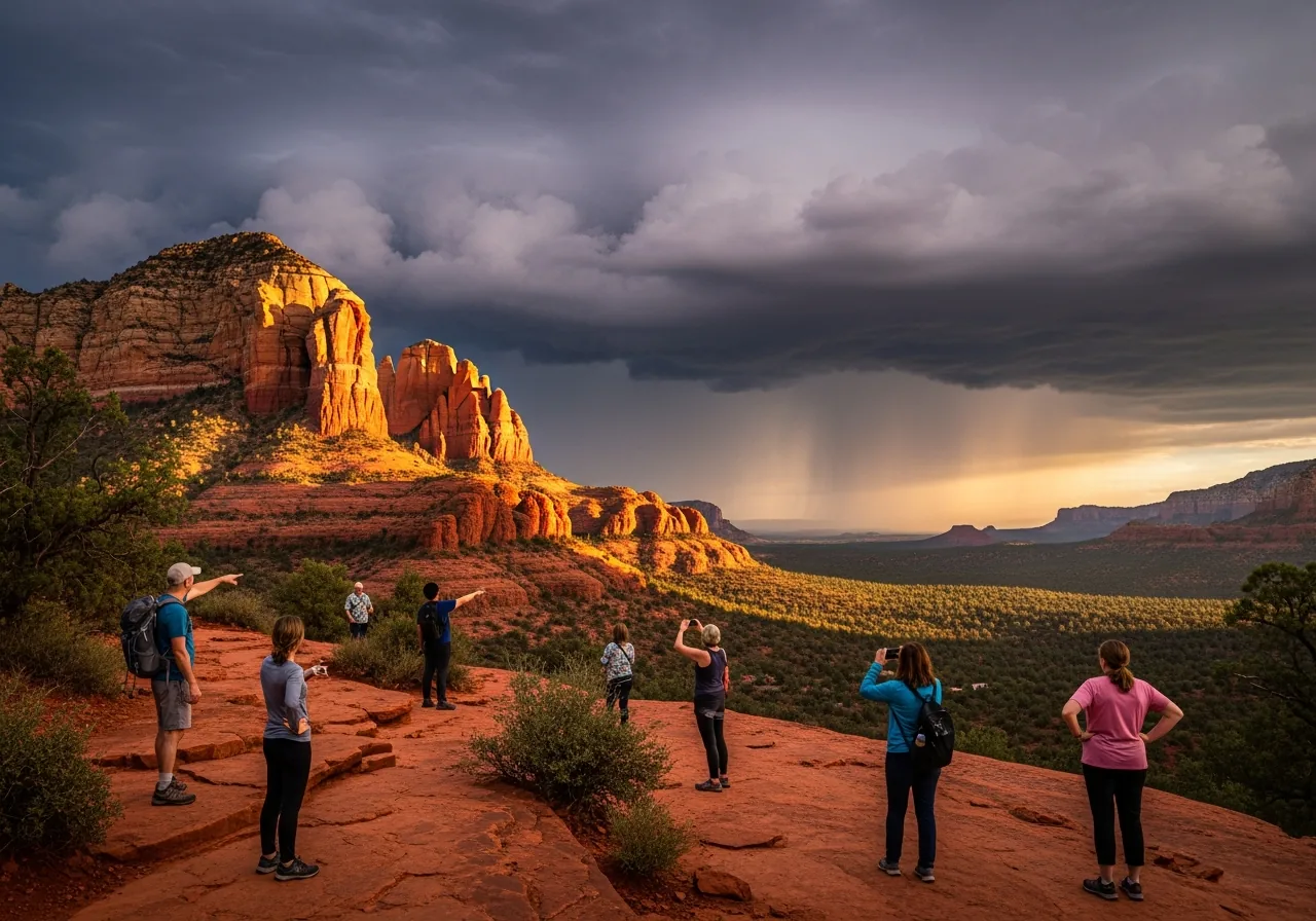 Dark monsoon storm clouds building over sunlit red rock formations near Sedona