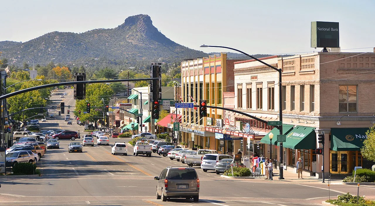 Downtown Prescott, Arizona with pines and historic buildings