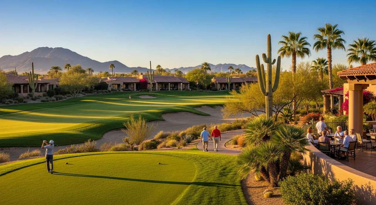 A Scottsdale desert resort with palms and saguaro