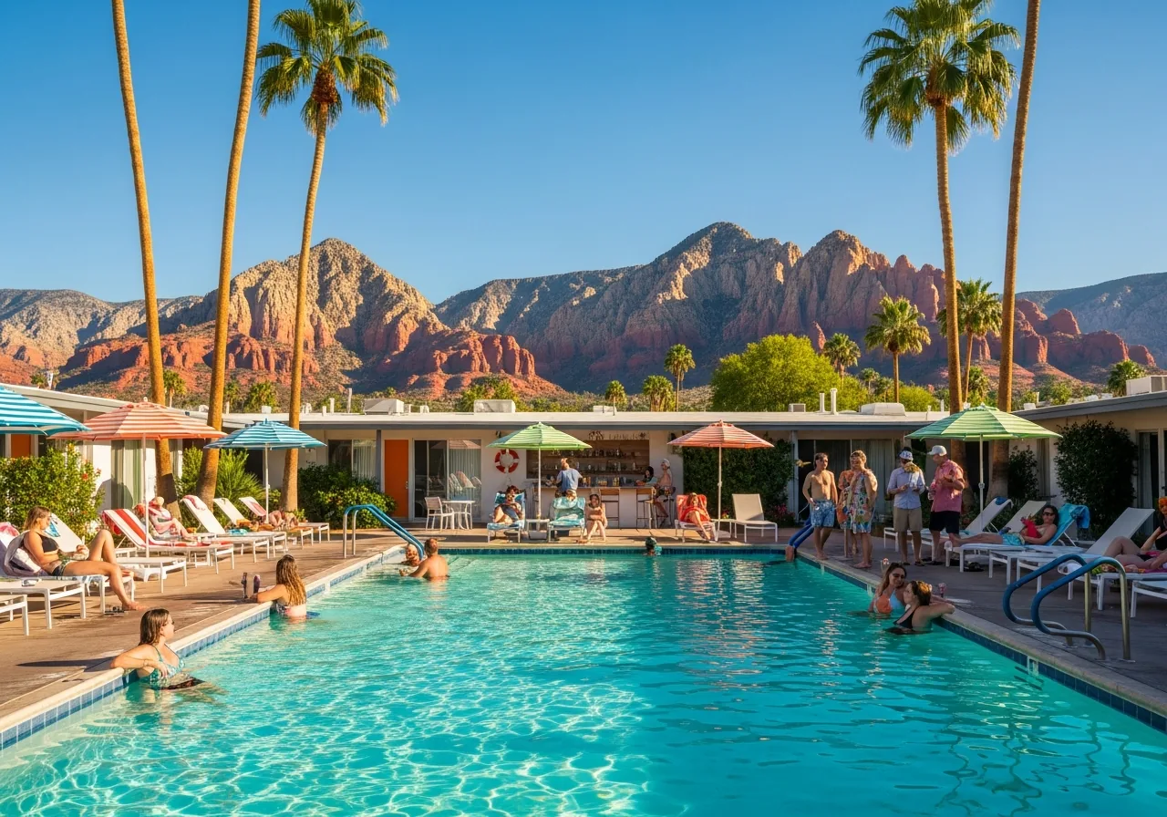 A Palm Springs mid-century pool below desert mountains