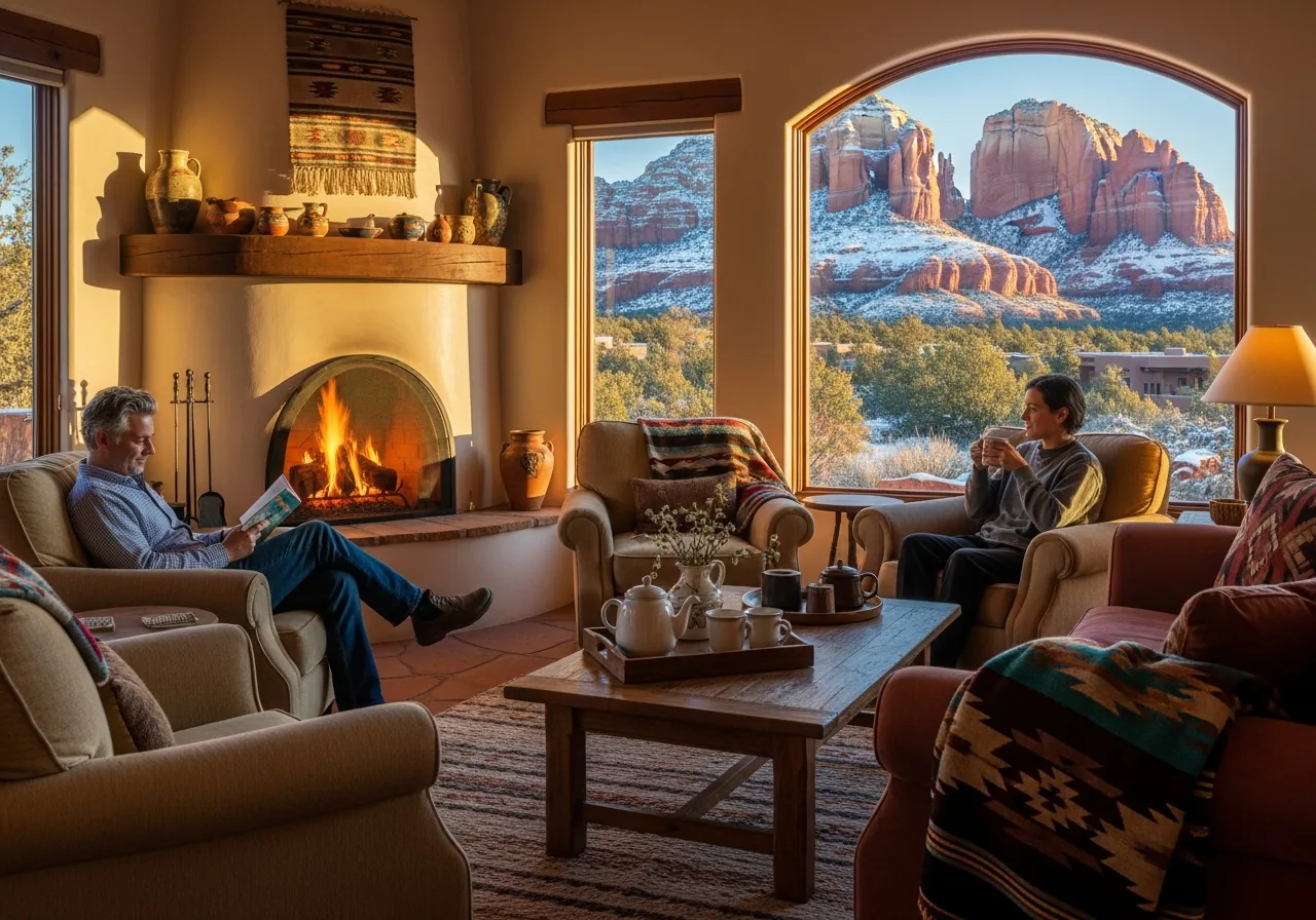 A cozy southwestern living room framing snow-dusted red rocks