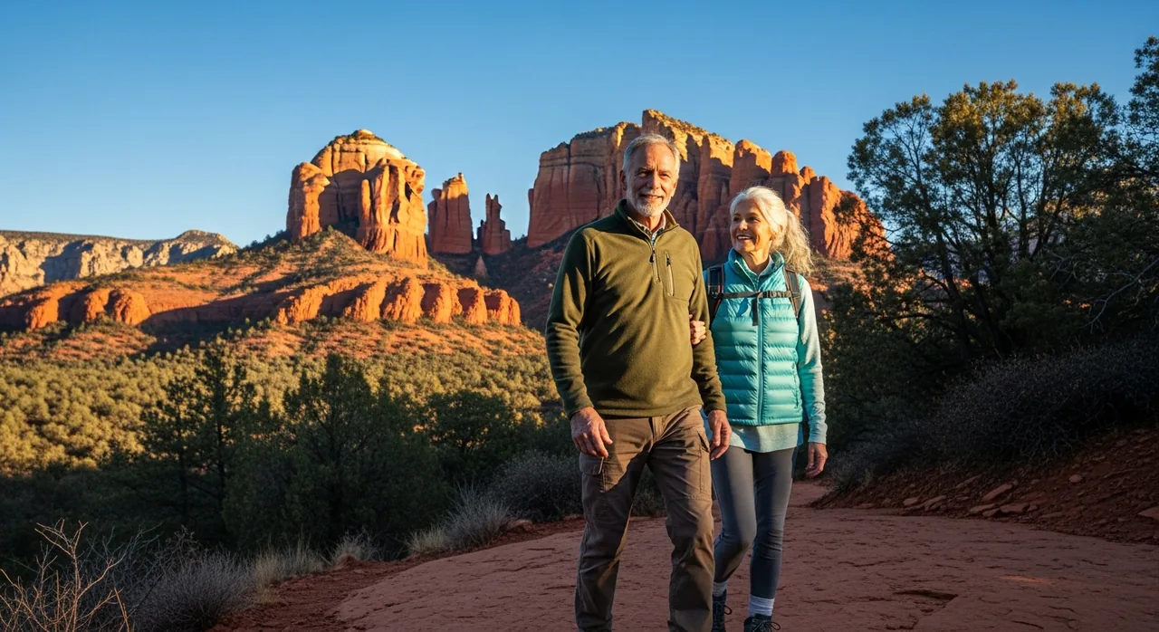 An older couple walking a sunny Sedona trail in winter