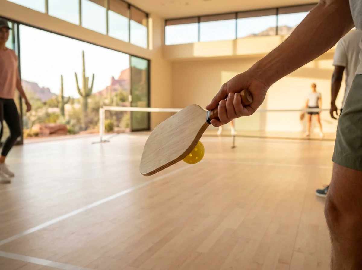Close-up of a pickleball paddle making contact out in front for a soft drop