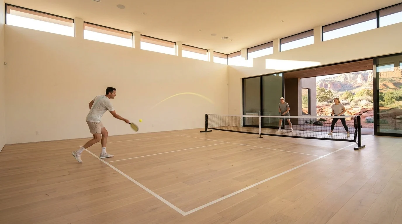 A player hitting a soft third-shot drop from the baseline on an indoor pickleball court
