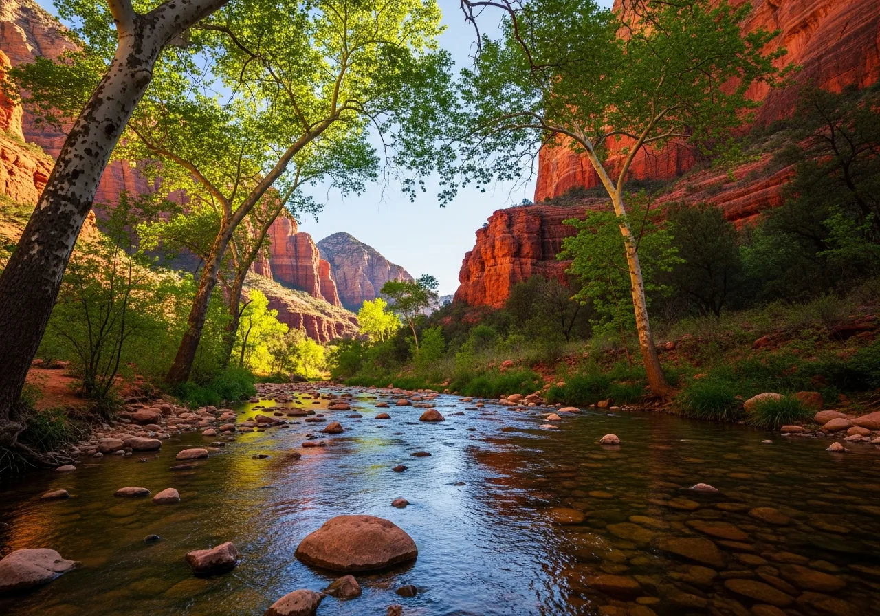 Creek flowing through a red rock canyon with green trees along the banks