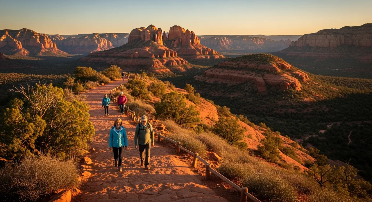 Two hikers on a mesa-top trail at sunset surrounded by red rock views