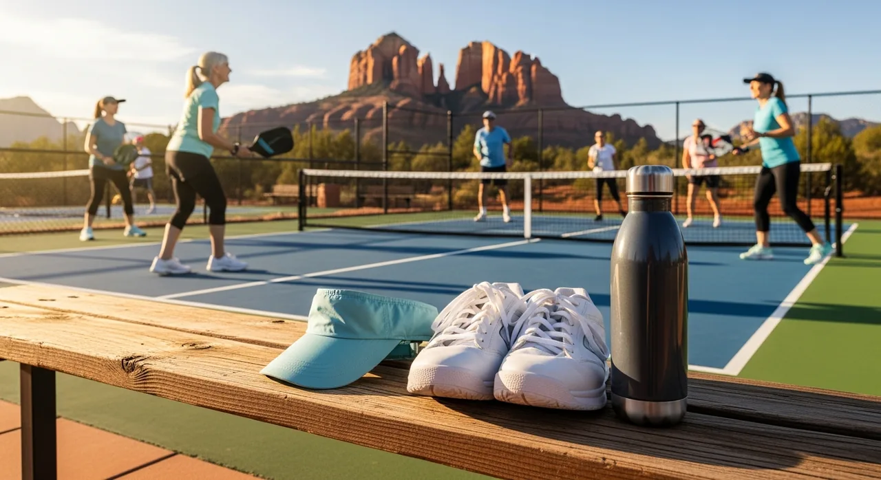 Court shoes, a visor and a water bottle beside a court