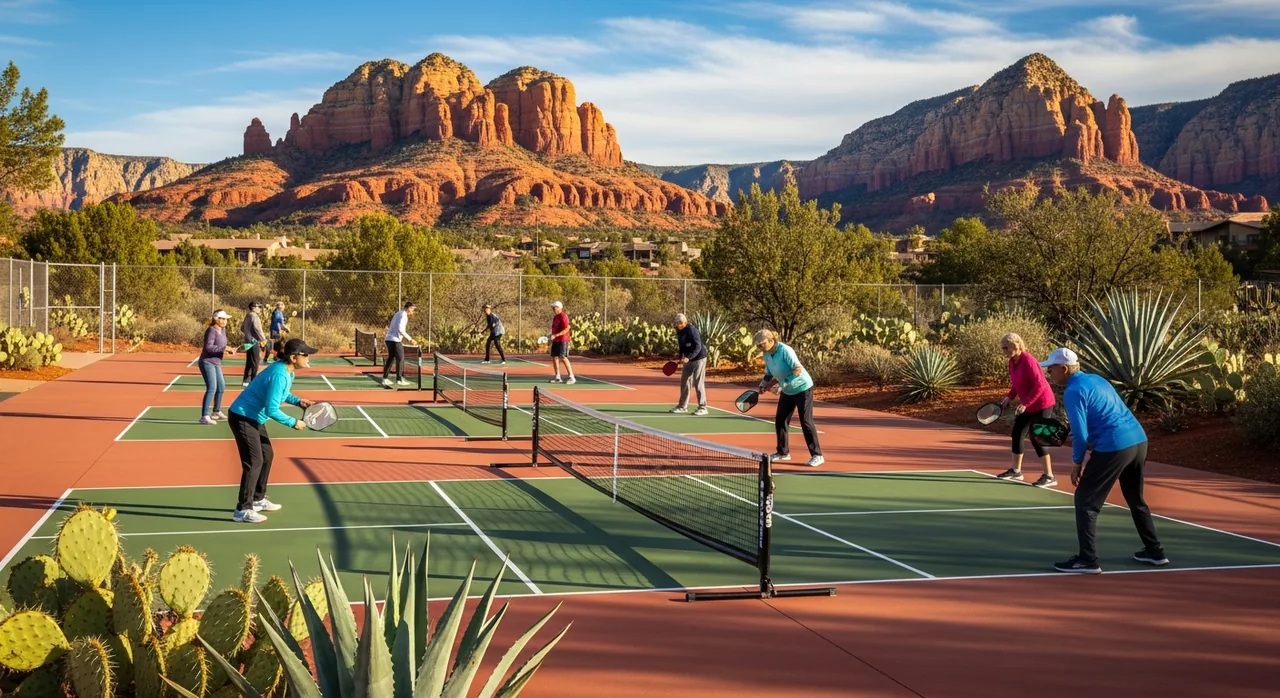 Community pickleball courts under a clear desert sky