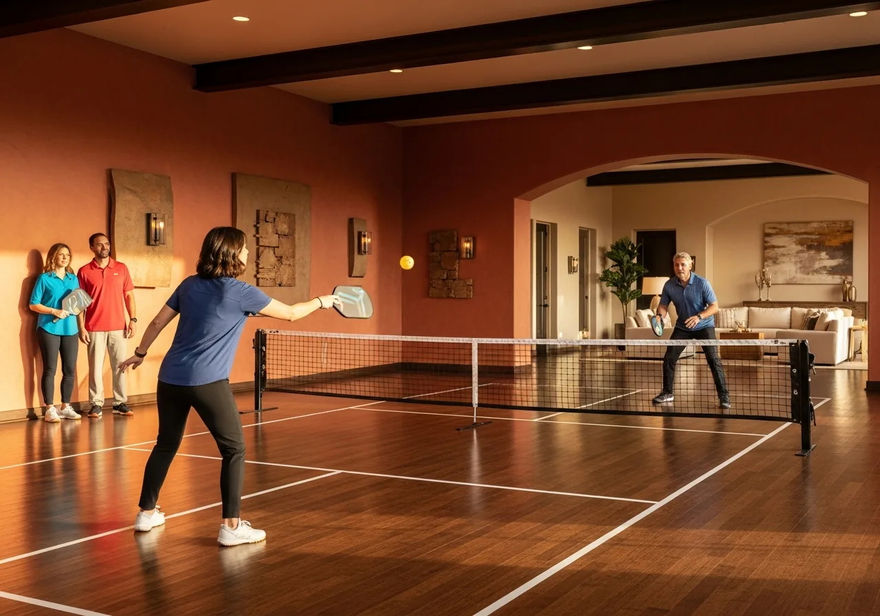 A private indoor pickleball court inside a southwestern home