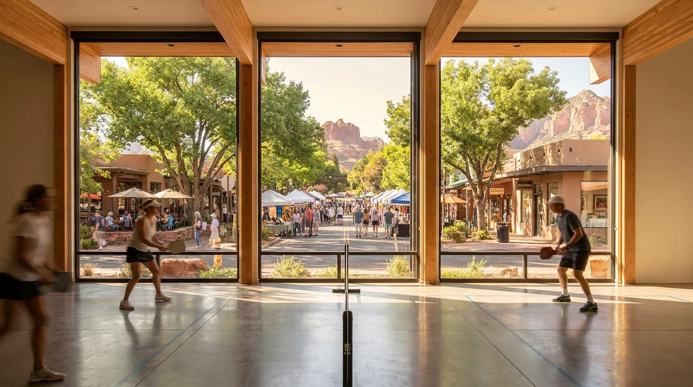 Shops and cafe patios along a walkable Sedona street