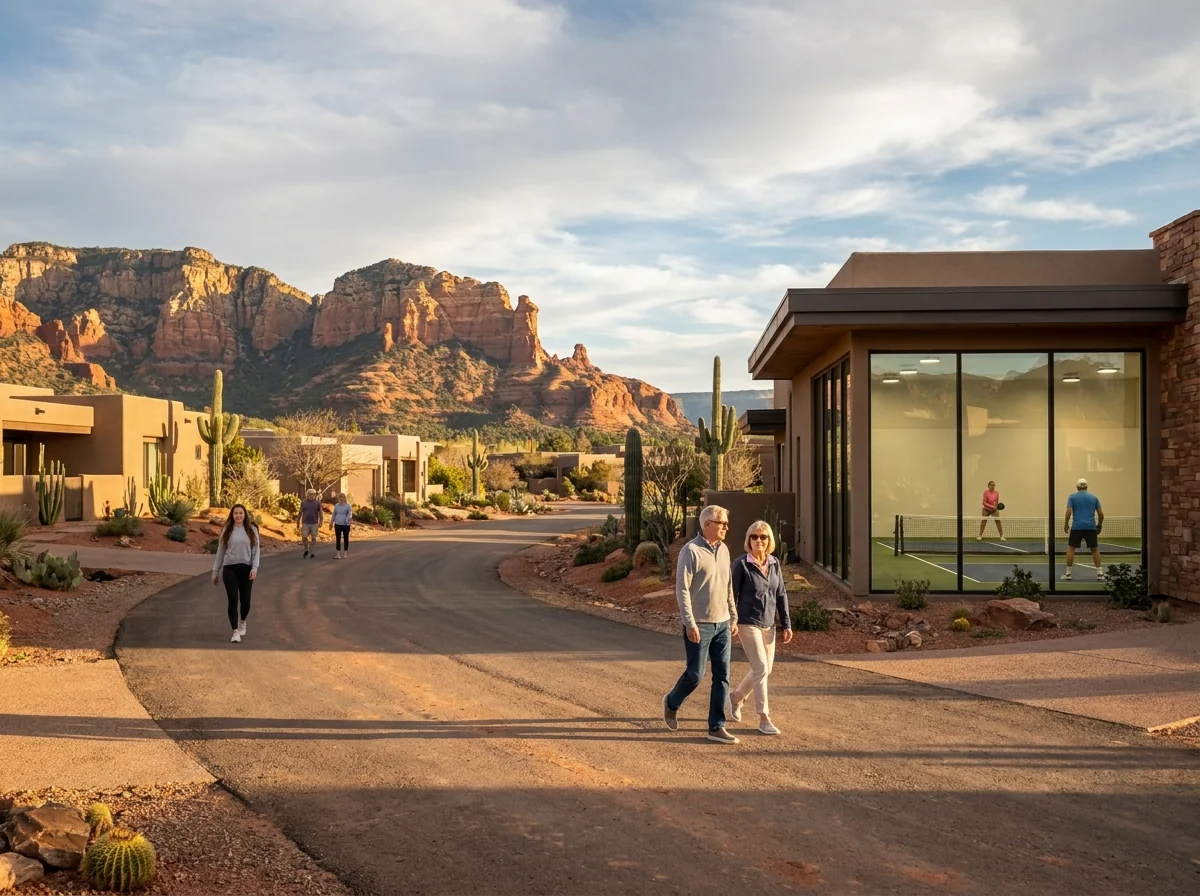 A quiet, open residential area below Sedona's red rocks