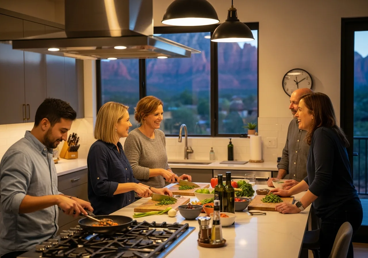 Four friends cooking dinner together at a large kitchen island in a vacation rental