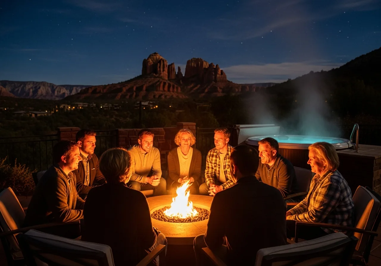 Friends around a firepit at night under a starry sky with red rock silhouettes