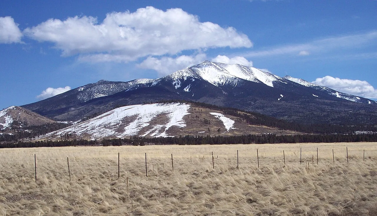 The San Francisco Peaks rising above the forest north of Flagstaff