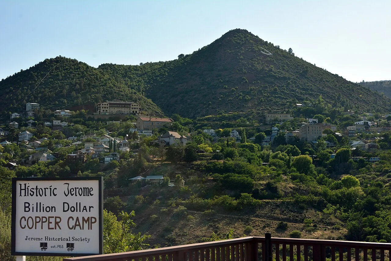 The historic mining town of Jerome, Arizona, built into the steep hillside below Mingus Mountain