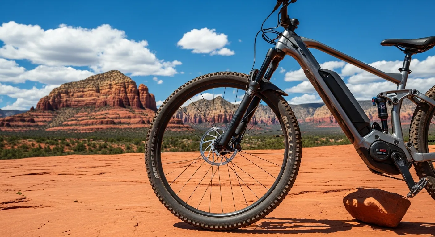 An electric mountain bike parked against red sandstone on a Sedona trail