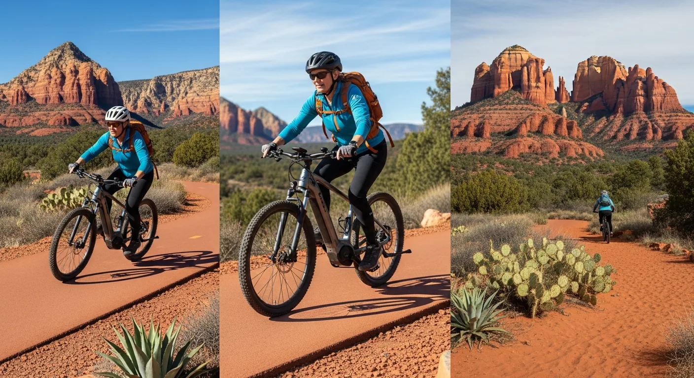 A cyclist riding an e-bike on a paved path lined with Sedona red rocks