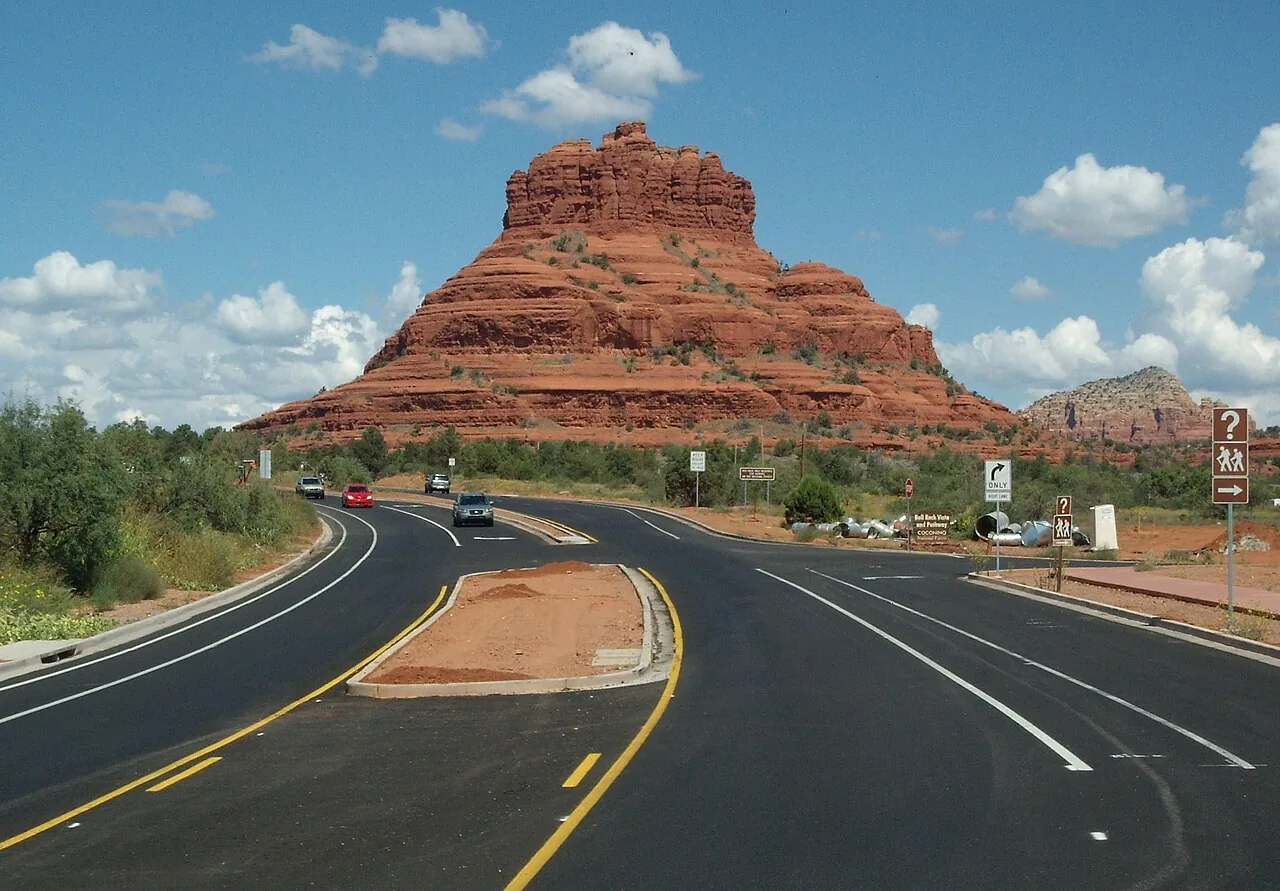 Bell Rock formation near the Village of Oak Creek under a clear blue sky