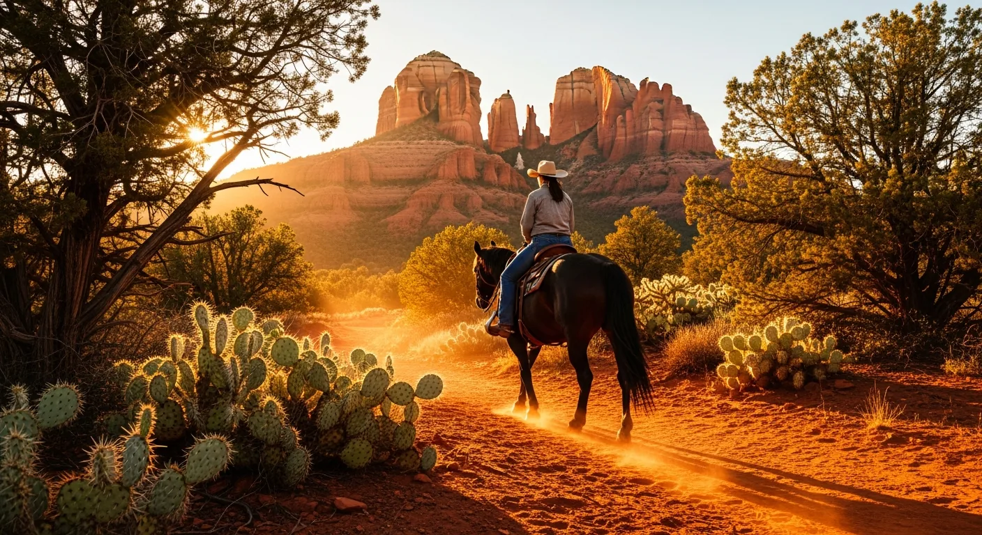 A horse and rider on a red dirt trail below Sedona's red rock cliffs