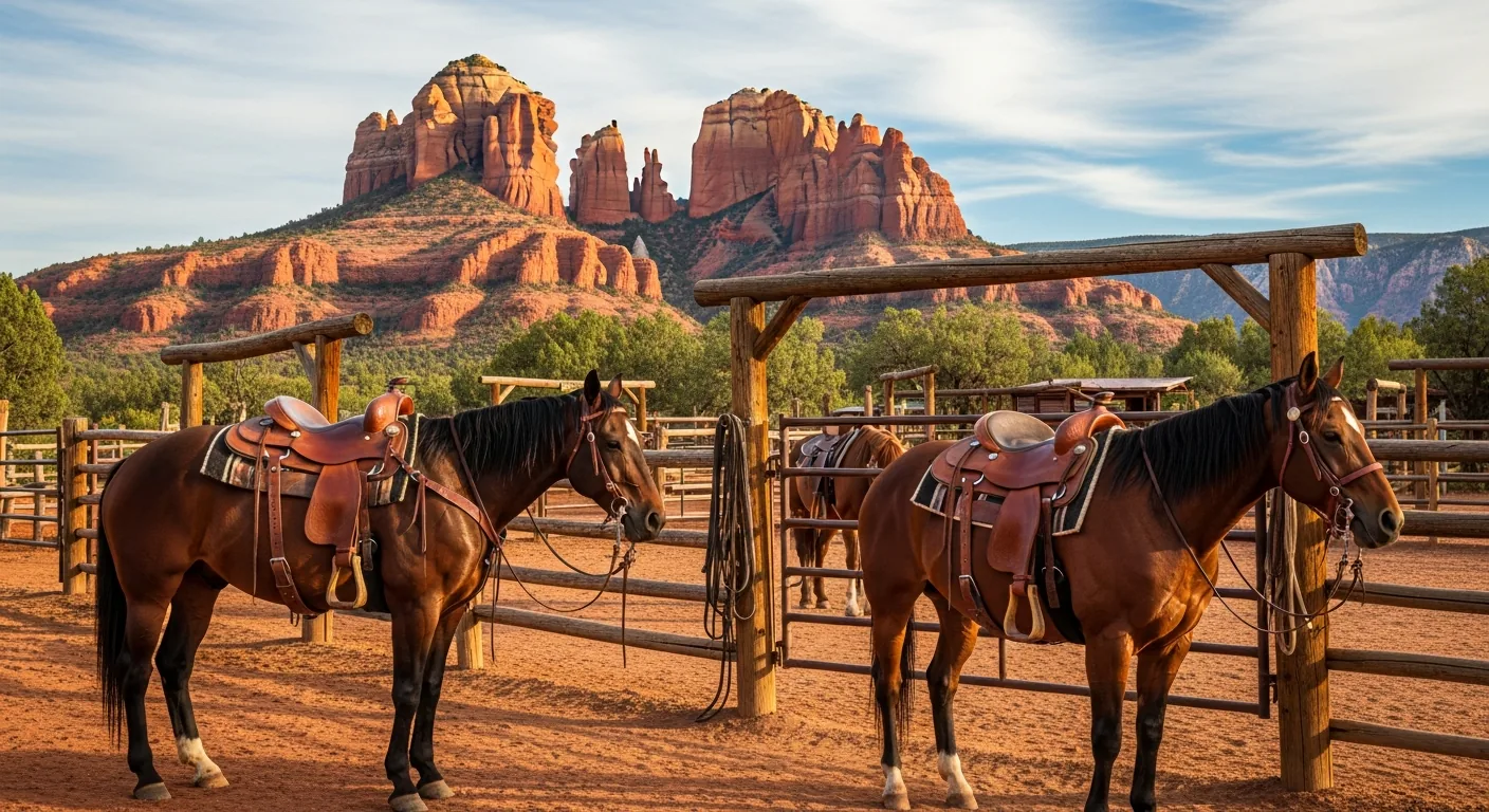 Saddled horses at a western ranch corral below Sedona's red rock mesas