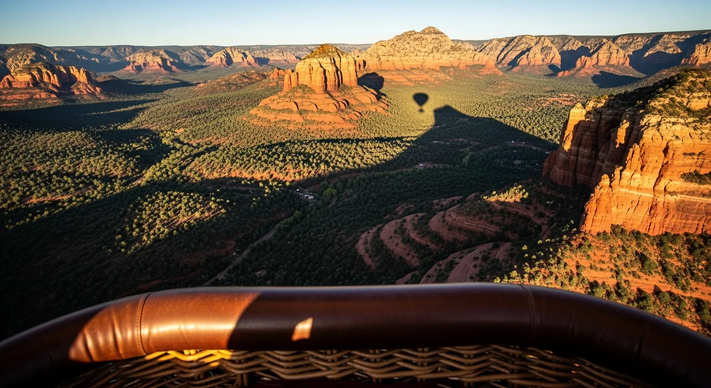 The view down over Sedona's red rock canyons from a hot air balloon basket