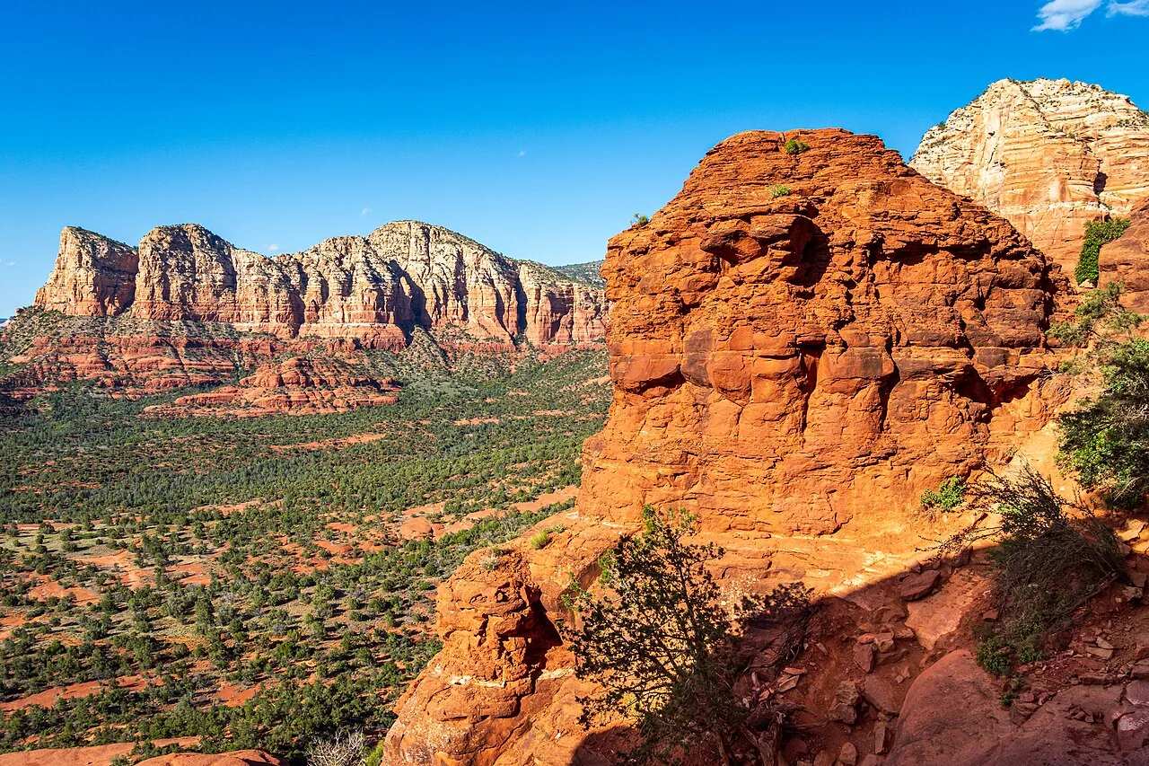Bell Rock and Courthouse Butte rising along the Red Rock Scenic Byway in Sedona