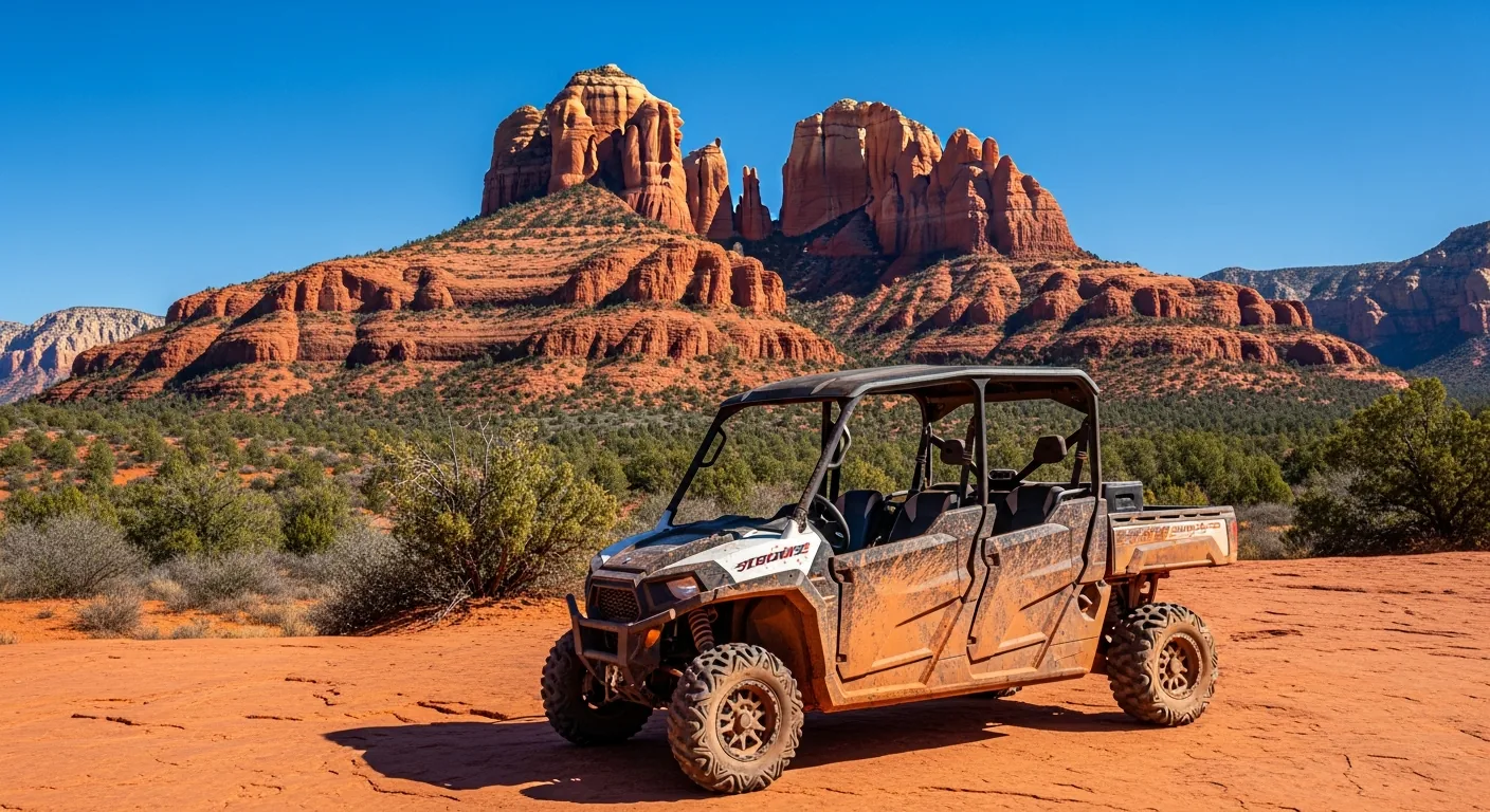A side-by-side UTV parked on red slickrock in Sedona