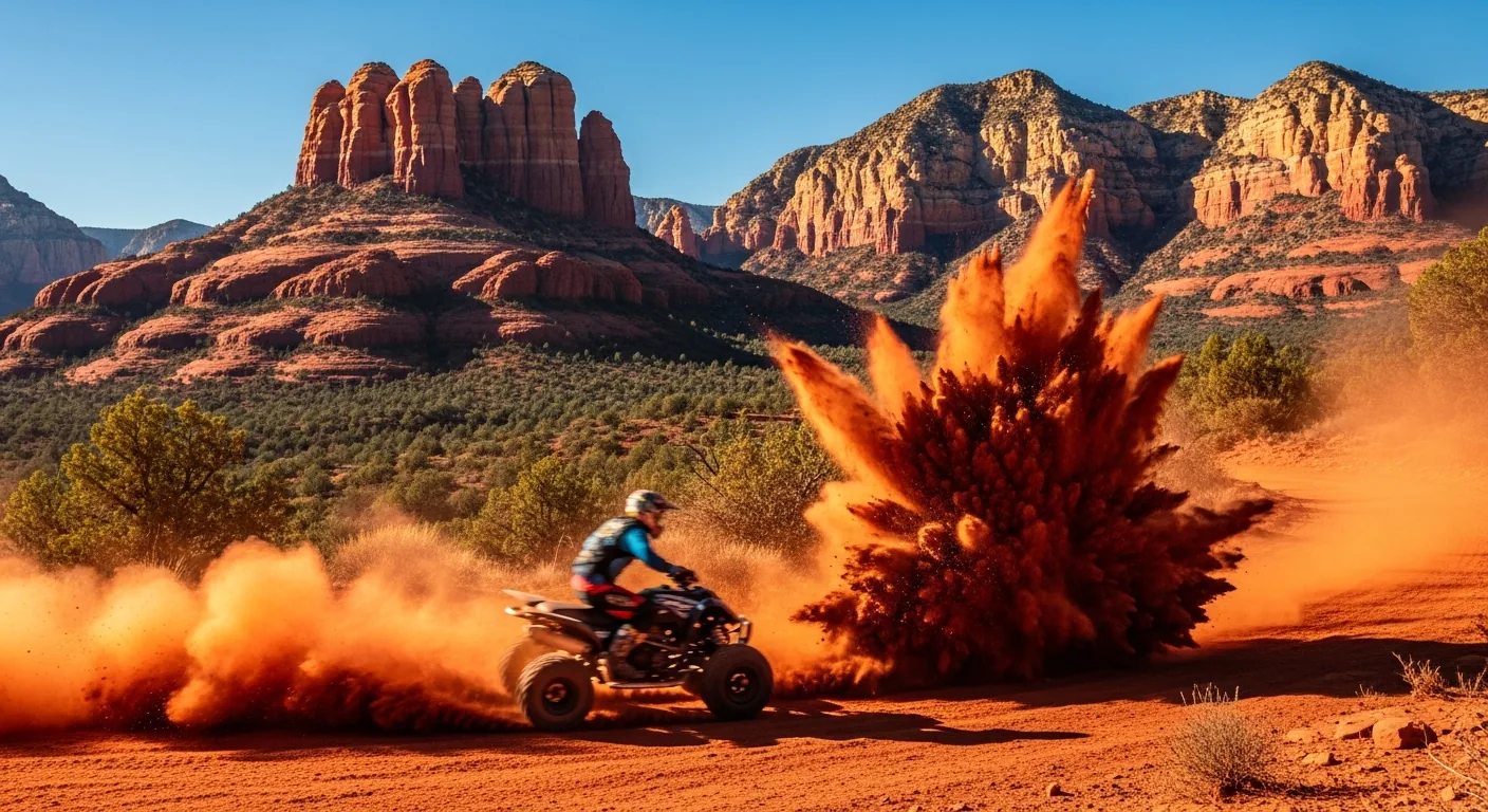 An ATV kicking up red dust on a backcountry Sedona trail