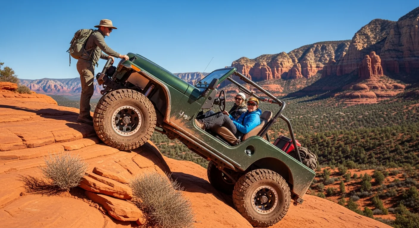 A 4x4 jeep tilted on a steep slickrock ledge on a Sedona off-road trail