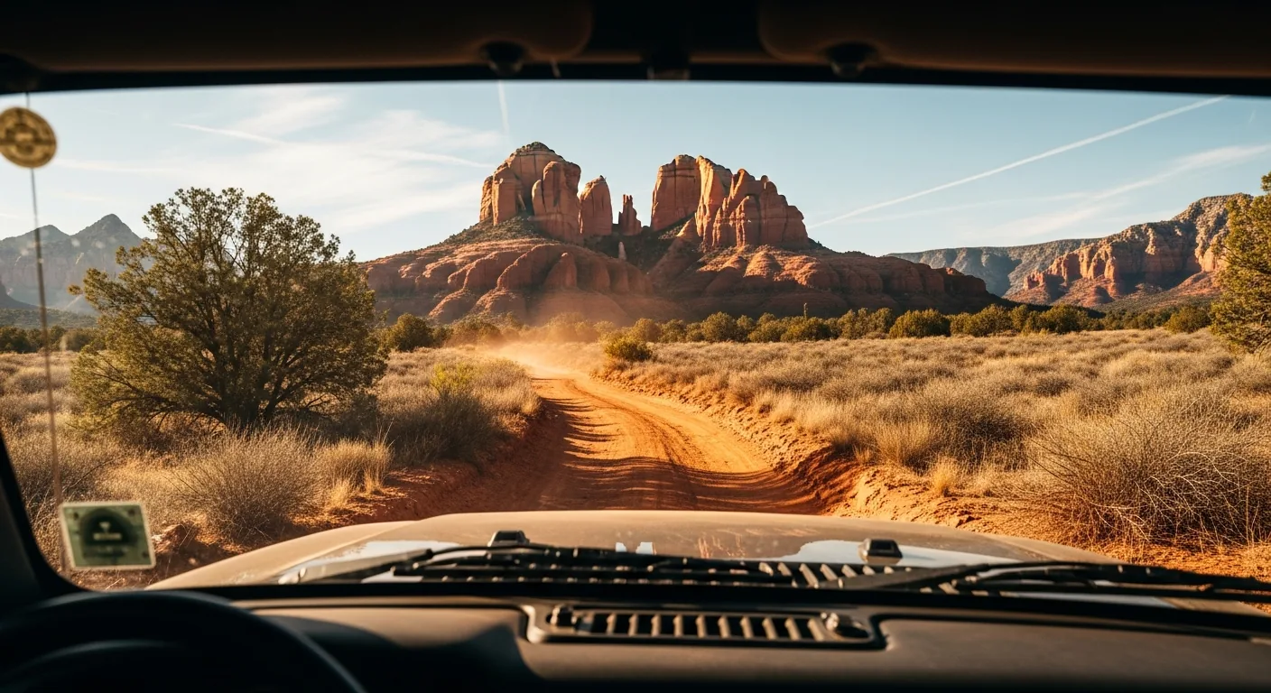 The view over a jeep's hood on a red dirt Sedona backcountry trail