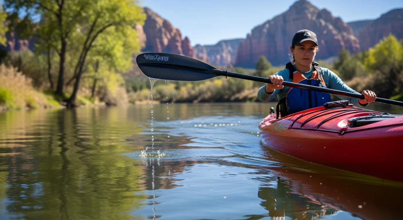 A paddler in a kayak on the flatwater of the Verde River