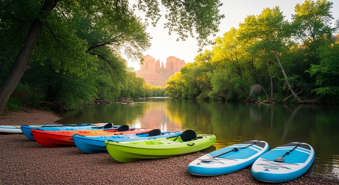 Kayaks and paddleboards pulled up on the bank of the Verde River