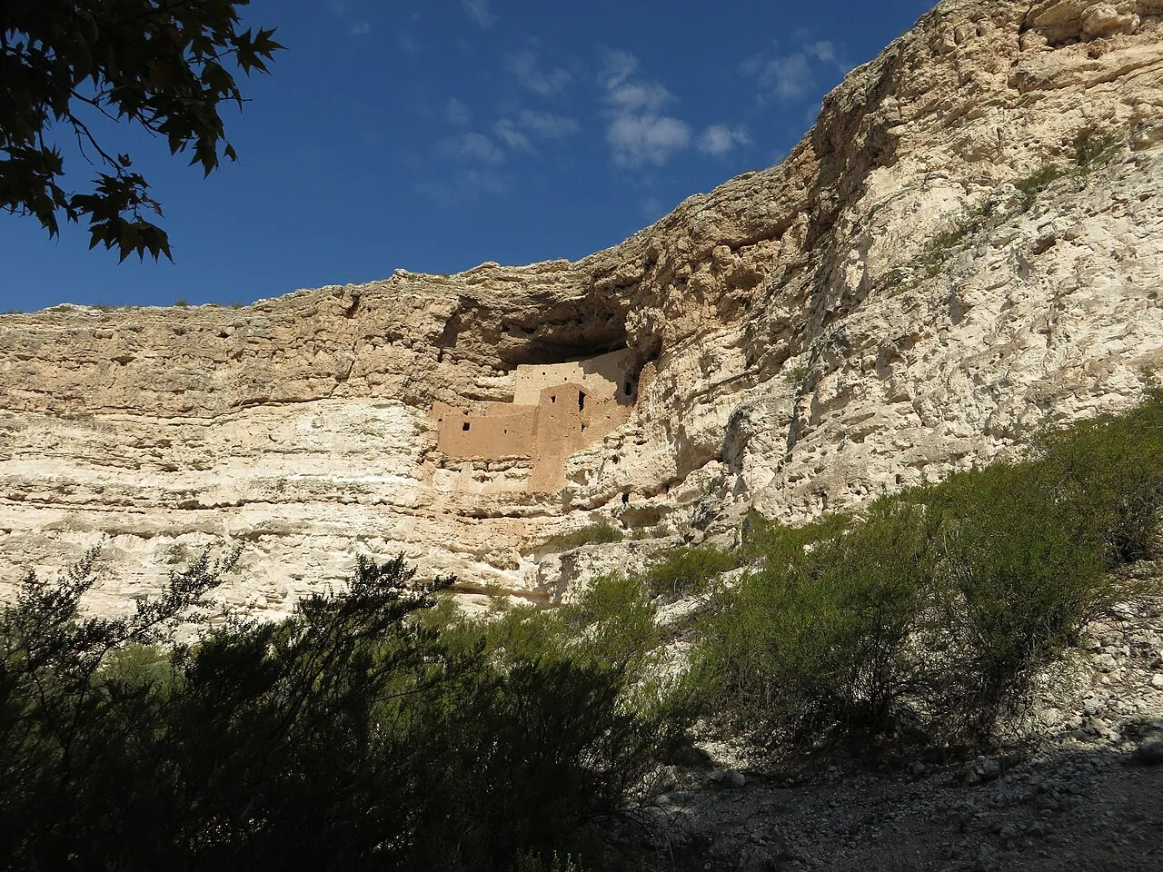 Close view of the multi-story Montezuma Castle dwelling rooms built into the cliff face