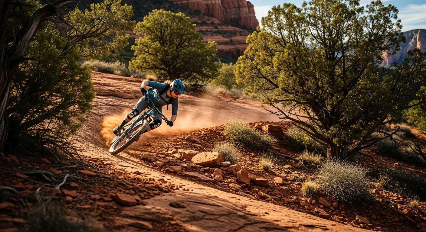 A mountain biker on rocky singletrack among juniper and red rock
