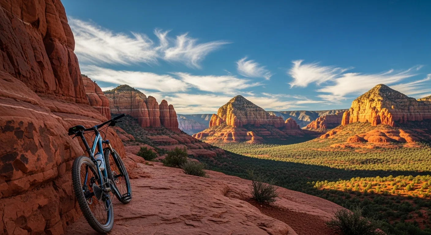 A mountain bike at a red-rock trailhead overlook in Sedona