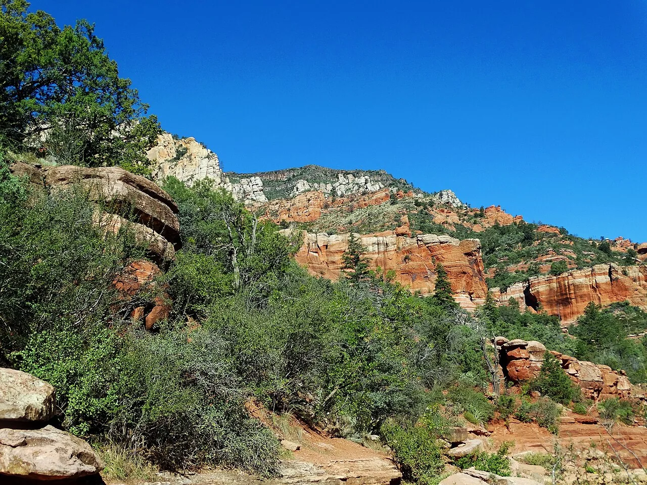 Swimmers on the natural sandstone water chute at Slide Rock State Park along Oak Creek