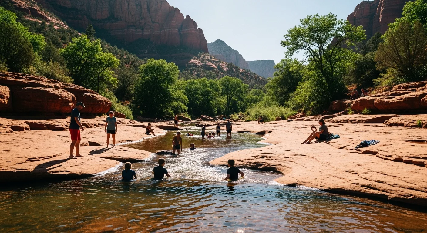 Families wading in the clear creek at Slide Rock State Park
