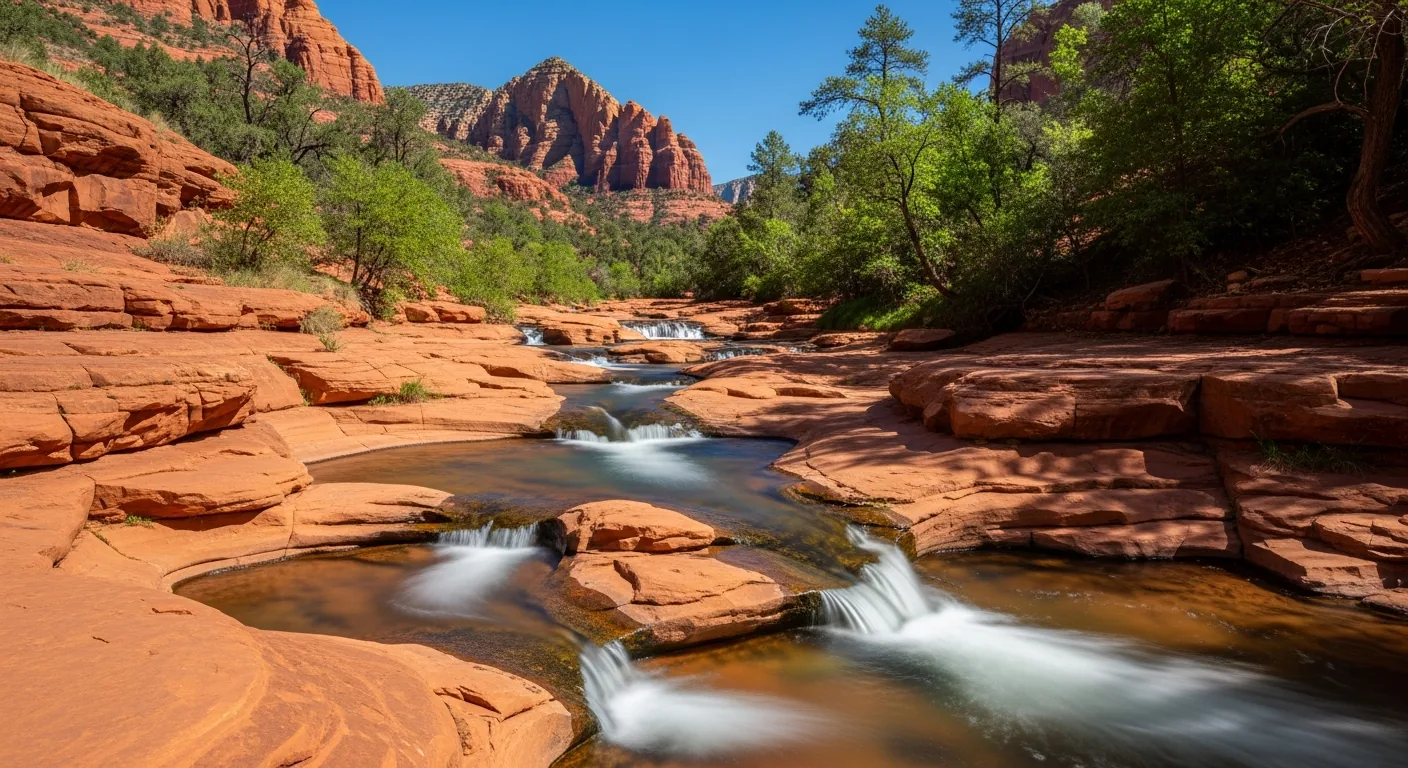 The smooth red rock chutes and creek water of Slide Rock State Park