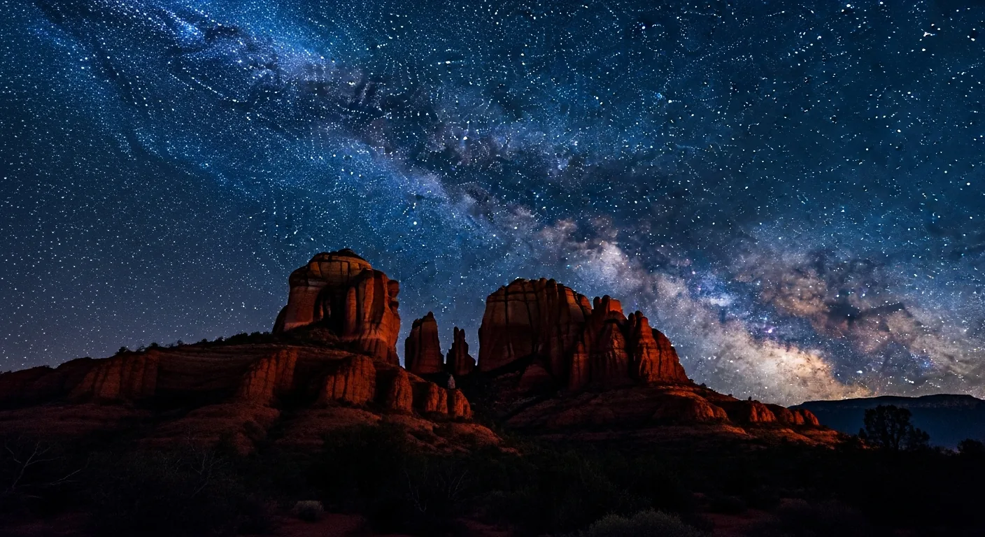 Sedona's red rock buttes silhouetted under a starry Milky Way sky