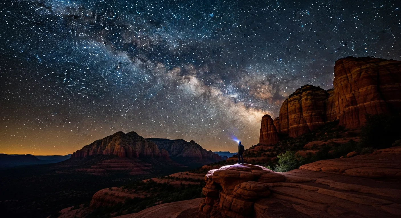 A person looking up at a field of stars over Sedona at night