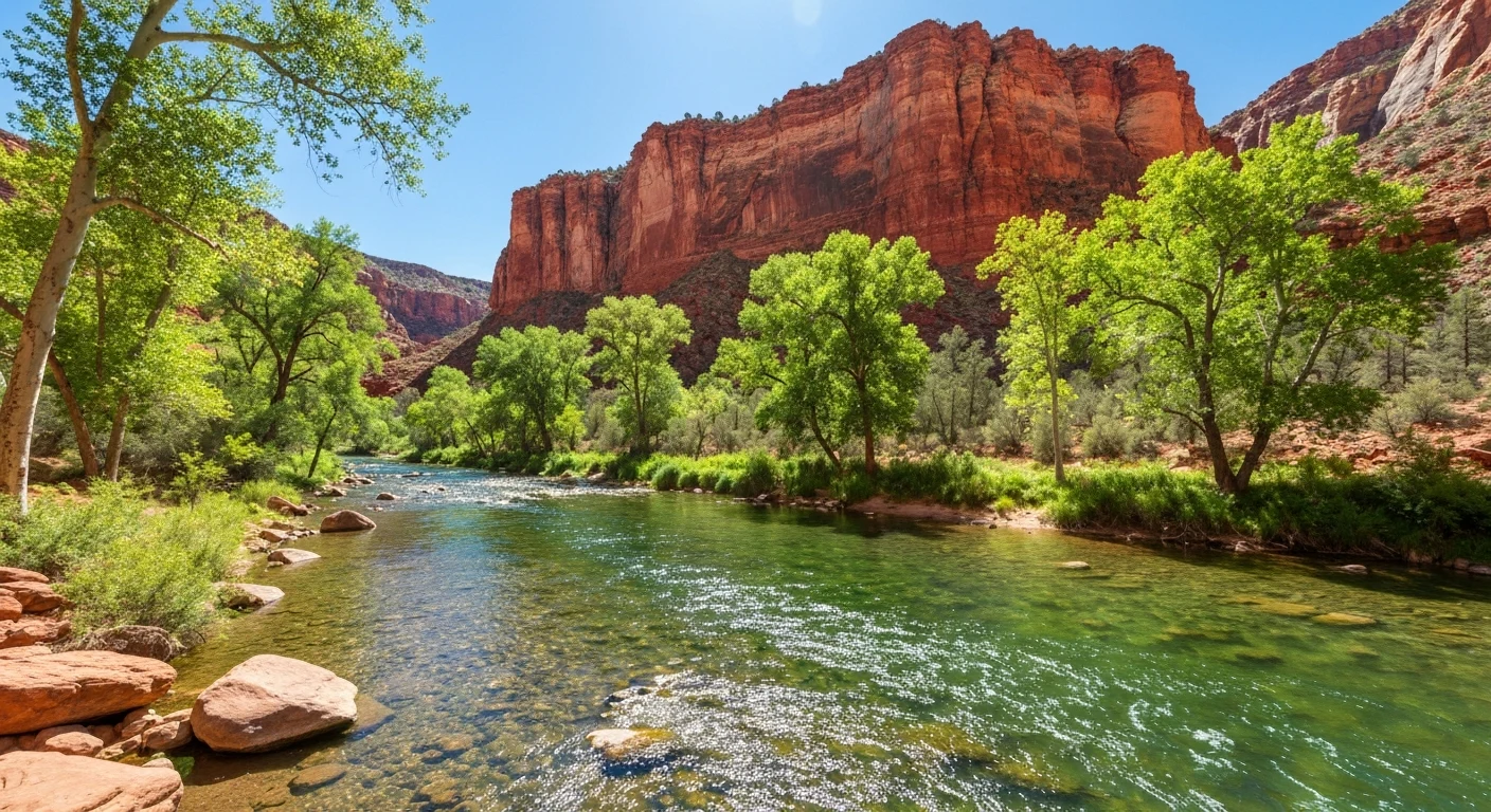 The Verde River winding through its canyon with red rock cliffs and cottonwood trees