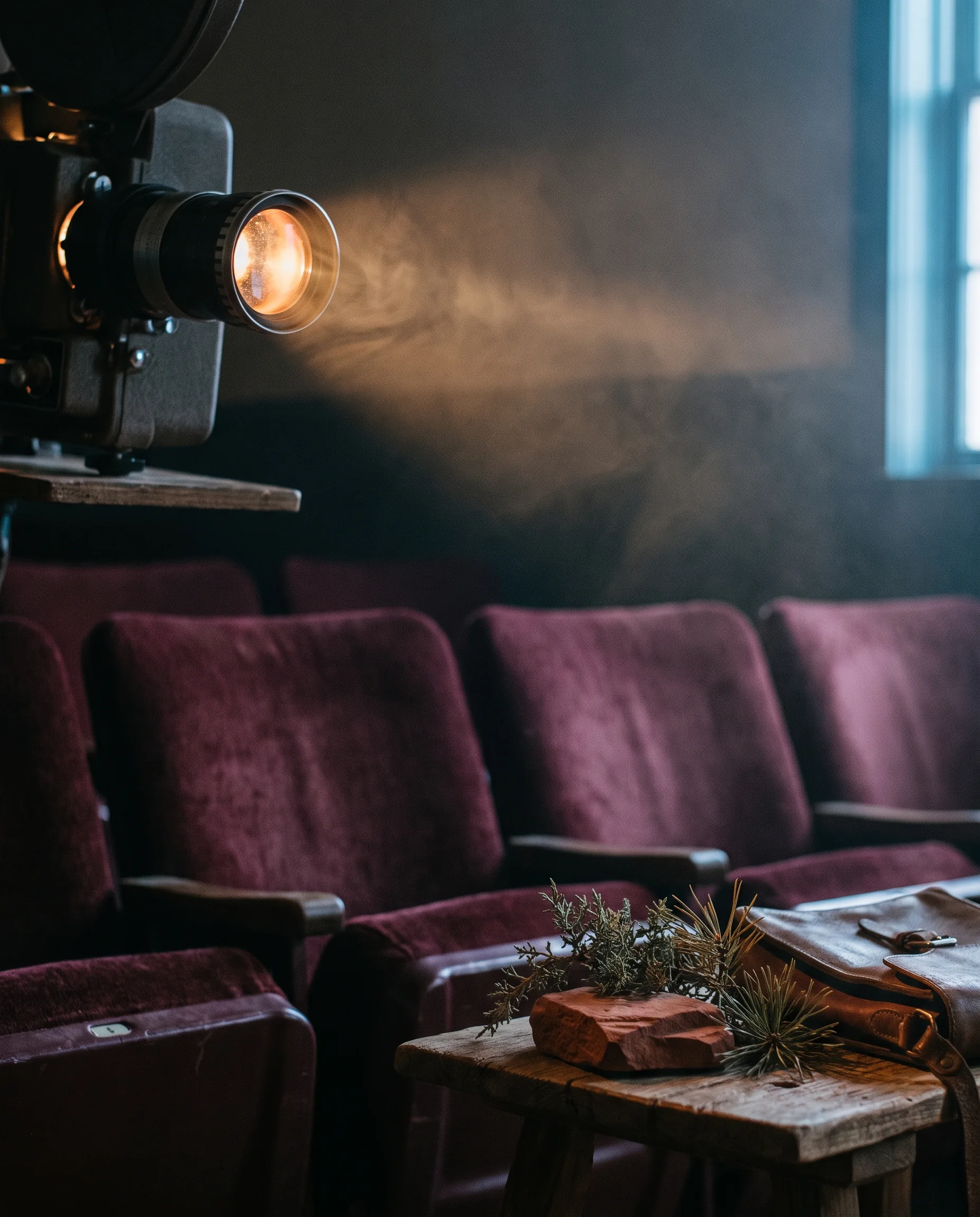 A film projector beam over rows of burgundy cinema seats