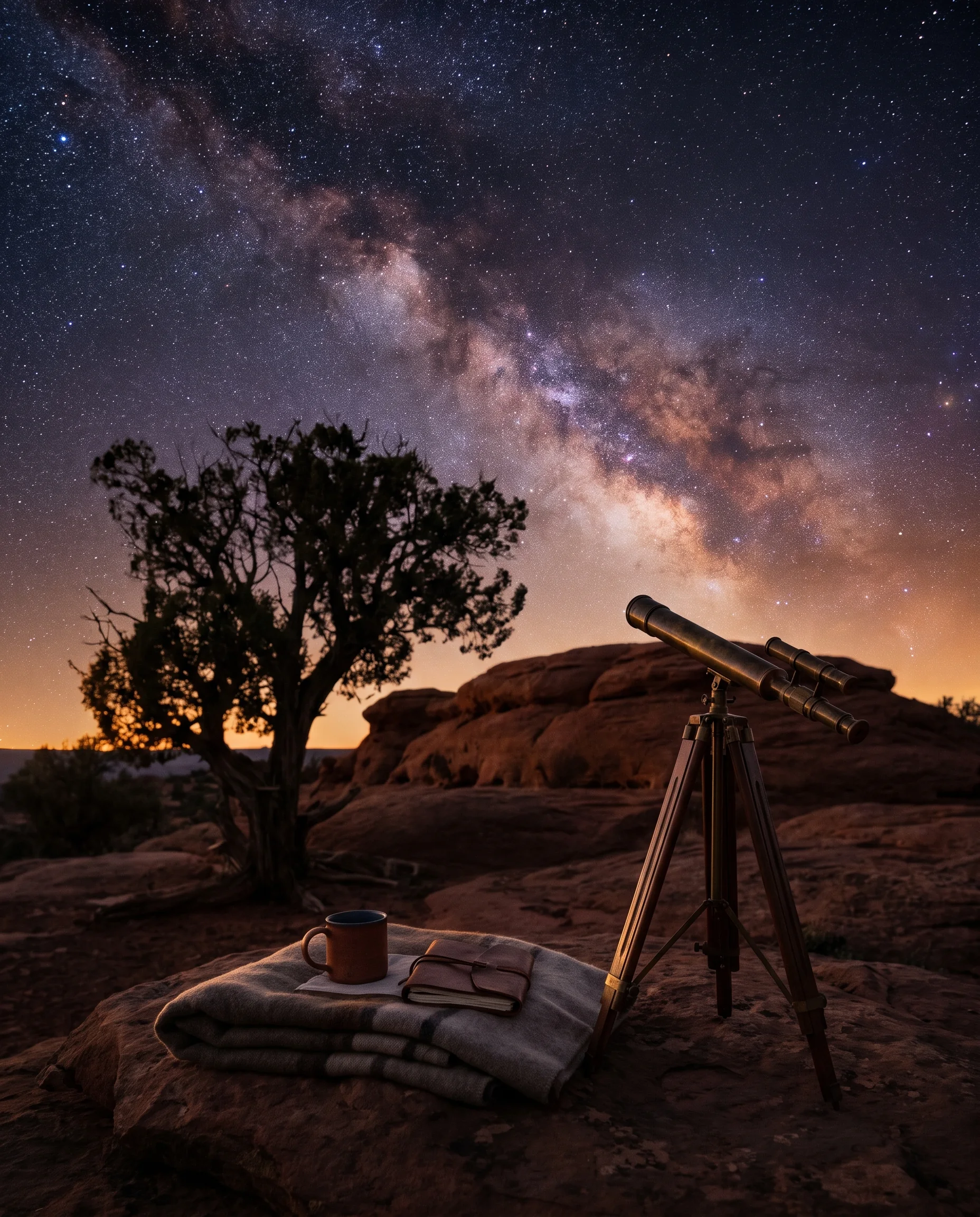 The Milky Way over a juniper and a low sandstone ridge, with a small telescope in silhouette