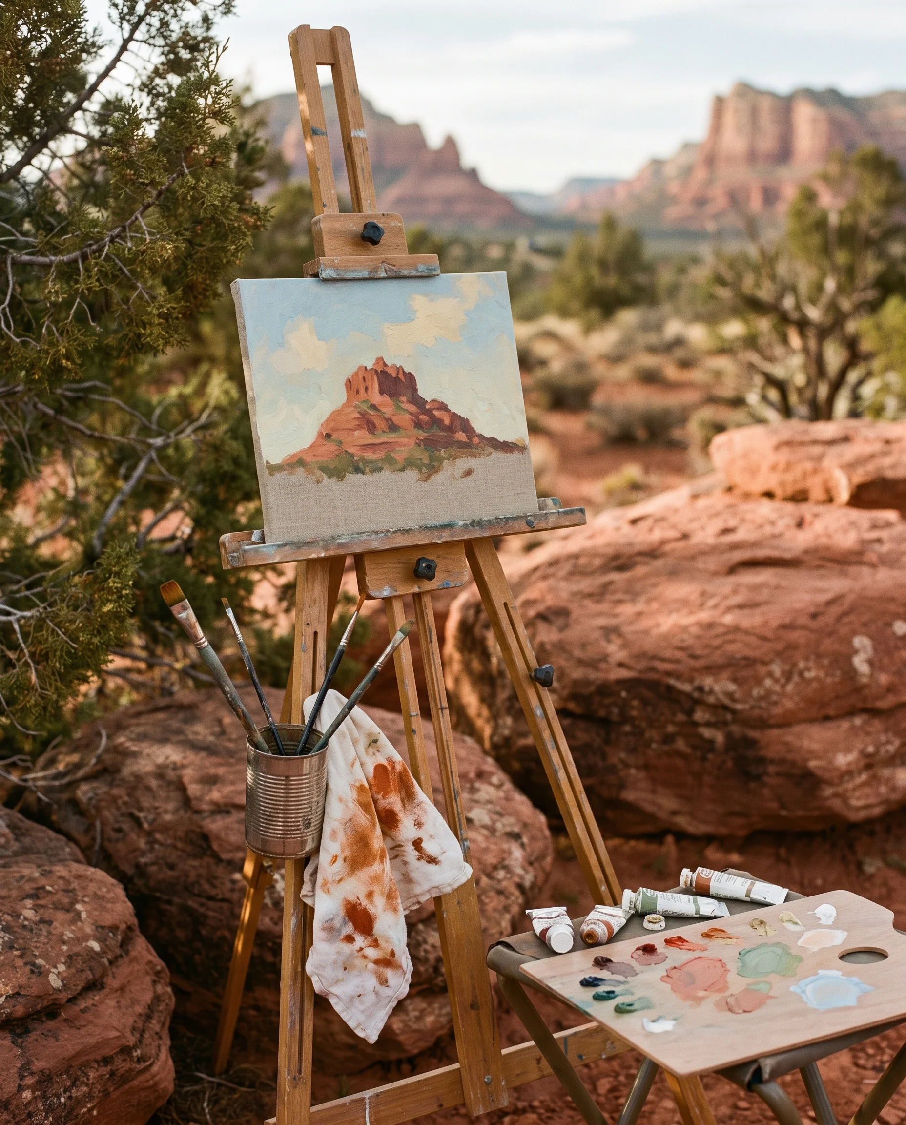 A painter's easel among junipers and red sandstone, with a small canvas of a red butte