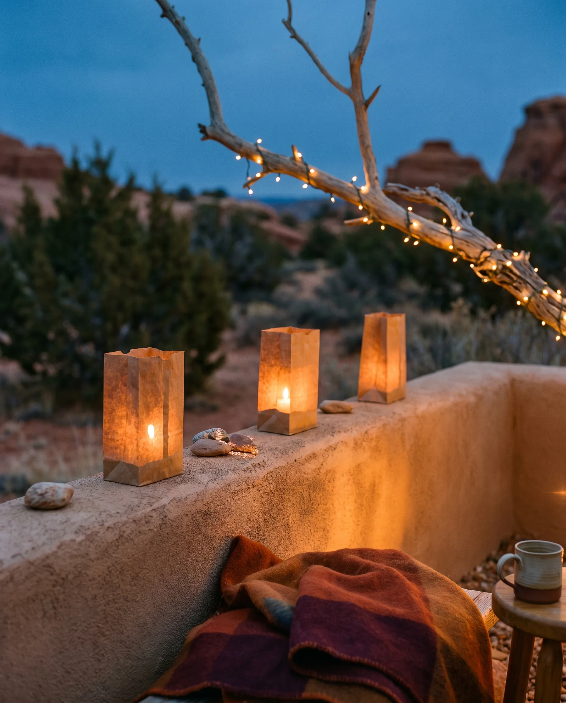 Paper-bag lanterns glowing on an adobe wall at dusk