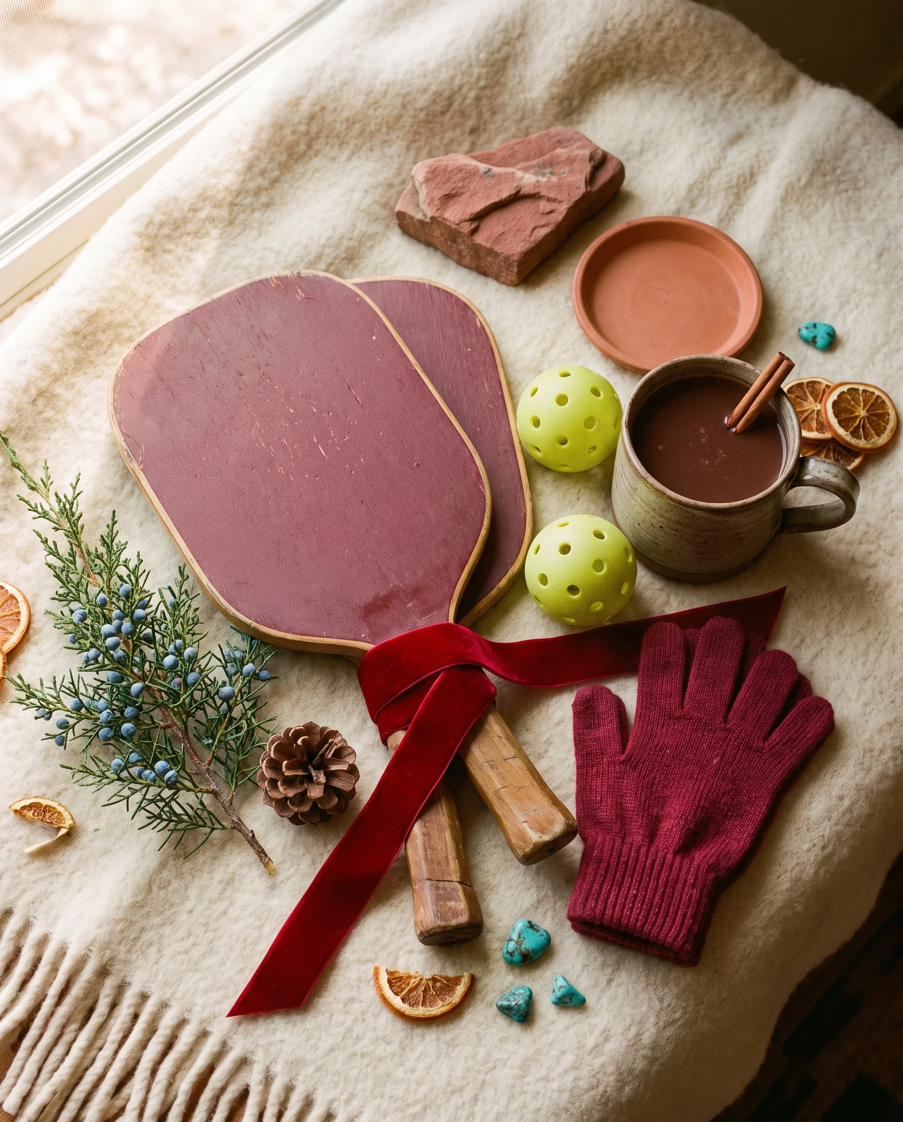 Two pickleball paddles tied with a red ribbon, with cocoa and knit gloves on a wool throw