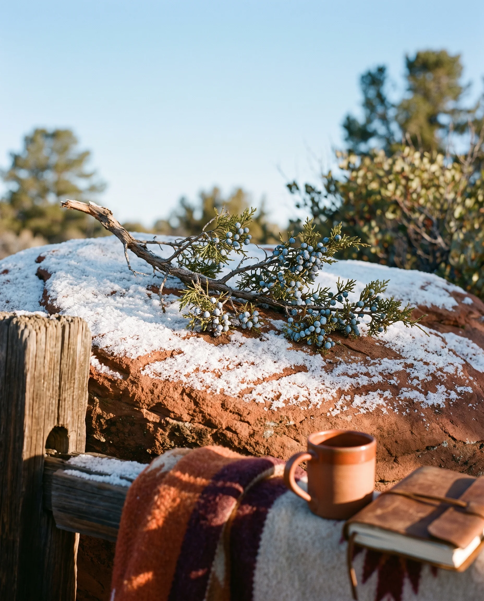 Fresh snow on a red sandstone boulder with a juniper branch
