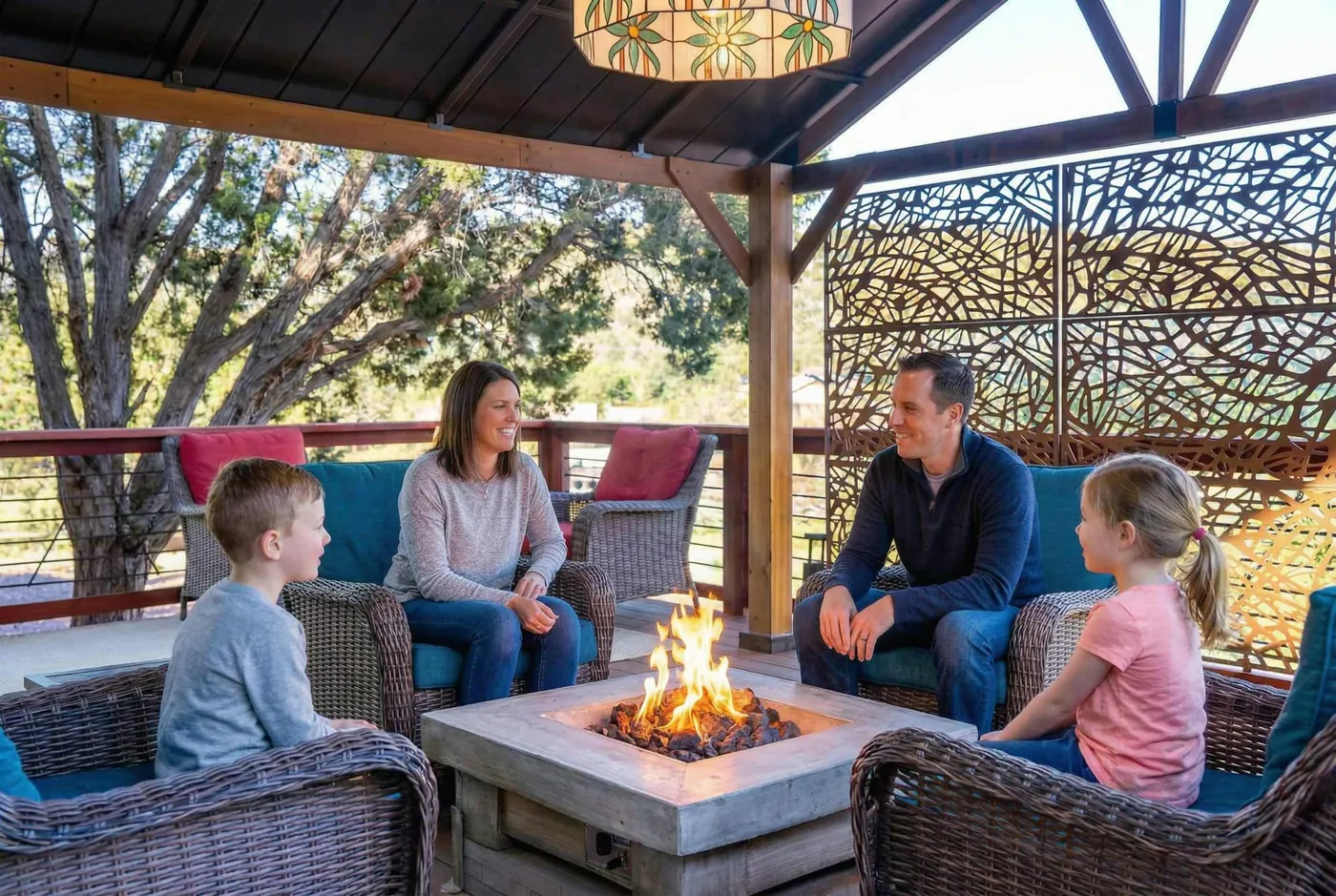 Guests gathered around the fire pit at dusk
